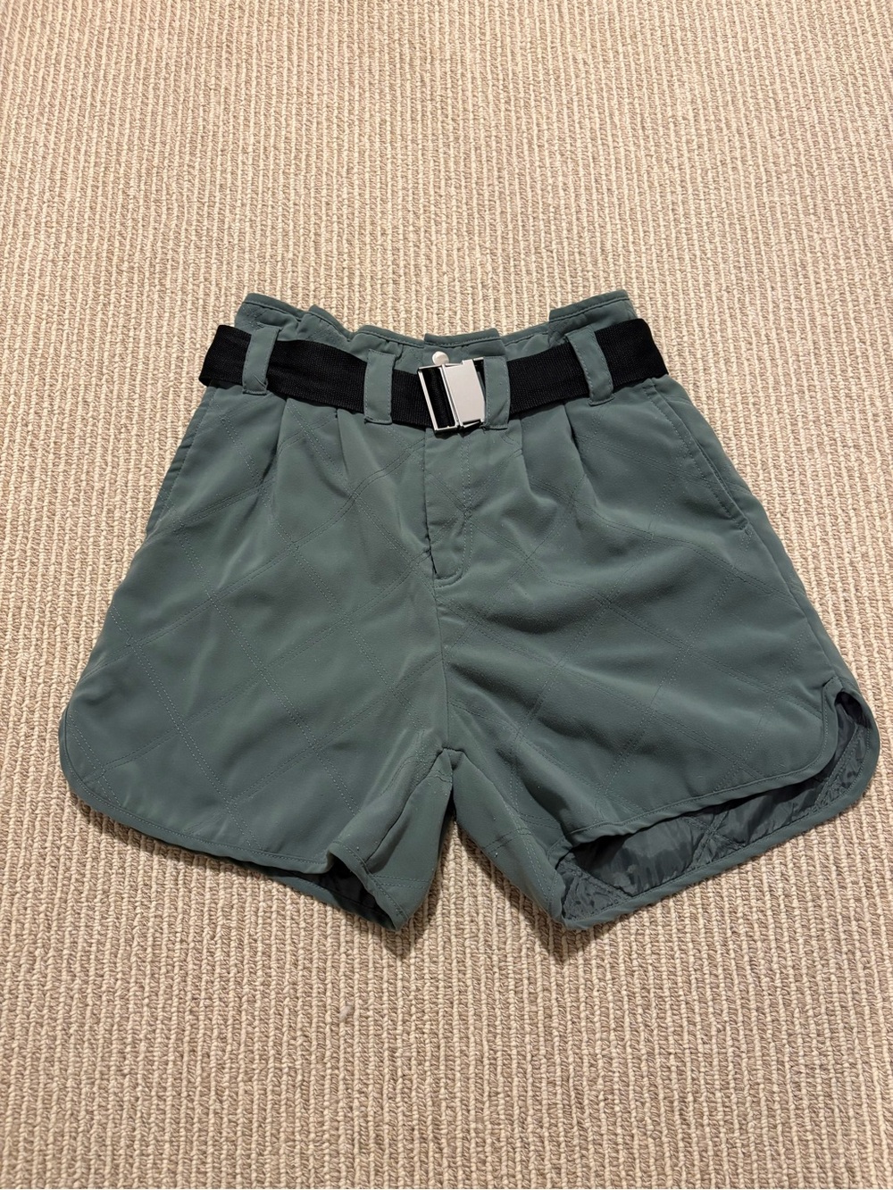 Urban Outfitters Women’s Green High-Waisted Shorts with Black Clip Belt
